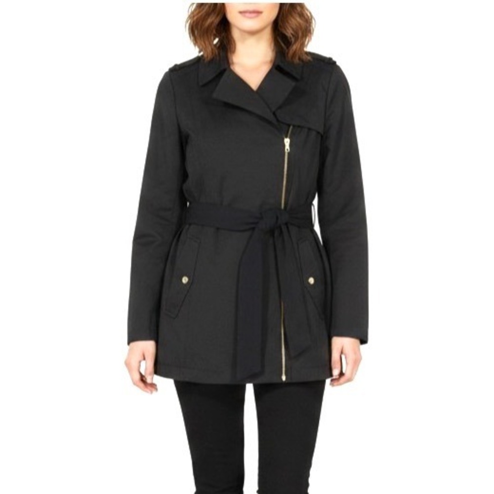 MARC NEW YORK Softshell SHORT TRENCH COAT Zip-Up POCKETS/BELT Black JACKET Sz L